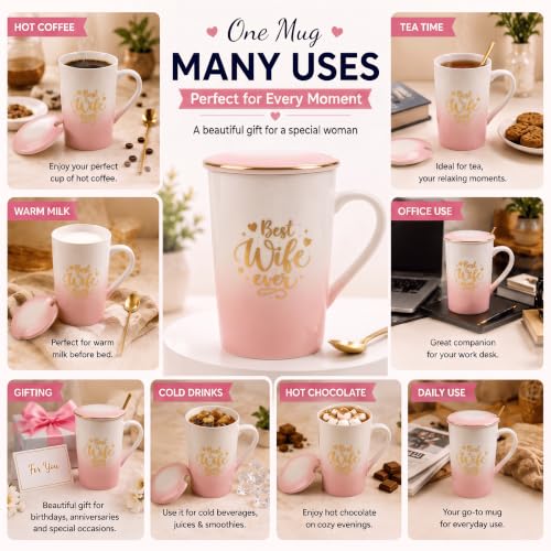 Image of ZAICUS Best Wife Ever Coffee Mug with Lid & Spoon, Ceramic Gift for Wife | Perfect for Coffee, Tea & Daily Use | Romantic Gift for Wife | Home & Office Drinkware