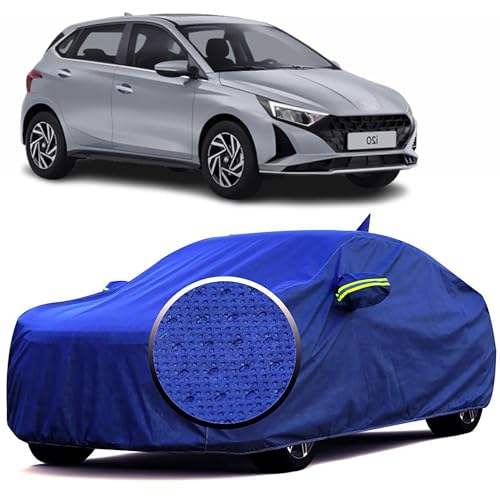 Image of 100% Waterproof 'BlueMax' Car Body Cover for Hyundai i20 (2021-2025) with Mirror Pocket, Heat & UV Protection, Triple Stitched, Soft Lining, Full Bottom Elastic & Reflective Radium (Blue)