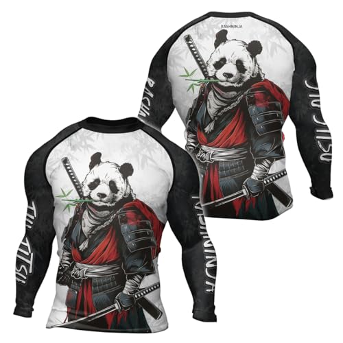 Panda Samurai Men’s Rashguard Long Sleeve Compression Training Fightwear for BJJ MMA Wrestling Gym Jiu Jitsu