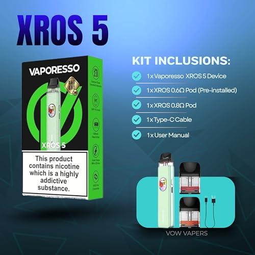 Vaporesso Xros 5 Vape Pod Kit, 1500Mah Battery, 30W, Type-C Fast Charging, [10 Colours] 0.88" Hd Screen Includes Two Xros Series Mesh Pods (0.6Ω & 0.8Ω) (Jade Green) - 3