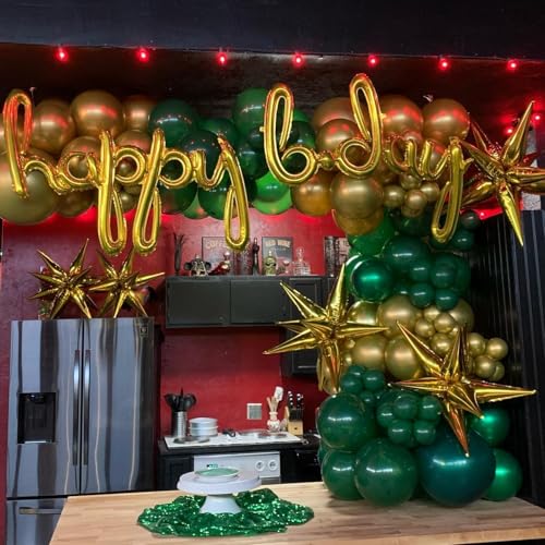 Image of 153Pcs Green and Gold Balloons Garland Arch Kit with Stars -22 18 12 10 5 inch Different Size Dark Emerald Green Gold Confetti Latex Balloons for Birthday Baby Shower Jungle Party Decorations