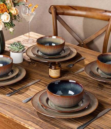 Image of TheTerra Stoneware Dinnerware Sets for 4, 12 Pieces Ceramic Plates and Bowls Sets, Scratch Resistant Embossed Dish Set, Oven, Microwave & Dishwasher Safe, Coca Mocha