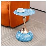 15.7" Round Side Table Gold Metal Pedestal, Hourglass Mermaid Tail Art Deco End Table, Modern Minimalist Accent Drink Martini Table for Small Spaces, Living Room Apartment Cafe (Water Pattern Blue)