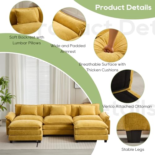 Image of Oprisen 120 inch Modular Sectional Sofa, Comfy Cloud Couch Sectional Sofa with Ottoman, Chenille Sofa Sleeper Deep Seat Sofa with Throw Pillows for Living Room (Yellow, 120 inch- U Shape)