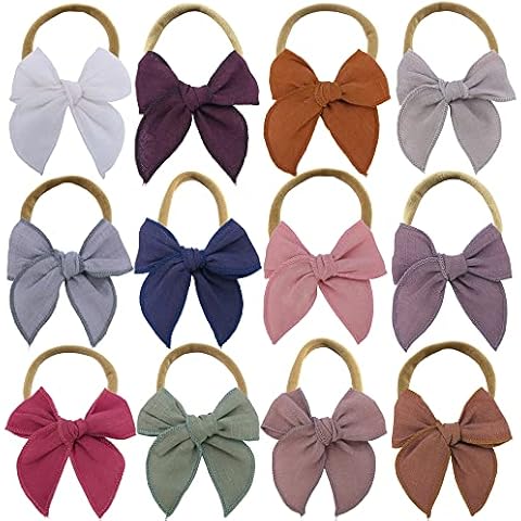 Sugarmelon Linen Bow Nylon Headband for Baby Newborn Infant Toddler Hair Bow Elastic Bands for Baby Girls Little Kids Headbands (Linen Fable bow 3'') Cover