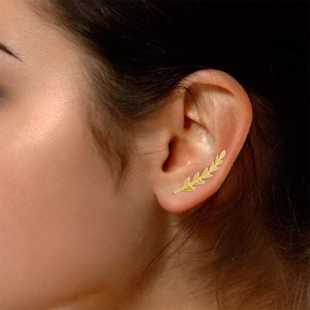 Ear Crawler Cuff Earrings 14k Gold Over Sterling Silver Ear Climber Studs Olive Leaf Hypoallergenic