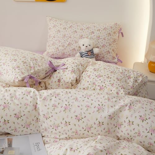 Image of LifeTB Floral Cottagecore Comforter Set Queen, 3 Pieces Vintage Flowers Comforter Coquette Aesthetic Bedding Set for Girls Teen Women, Soft Lightweight Botanical Comforter with 2 Bow Ties Pillowcases