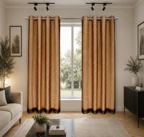 Image of Double Curtains 2 in 1 Embroidery Transparent Curtain with 80% Blackout Curtain Best for Every Interior Living Room (Coffee 8ft Set 02)