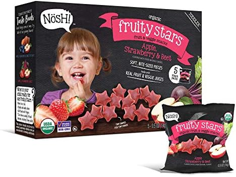 Nosh Fruity Stars Organic Fruit & Veggie Chews Toddler Snack, 5 Snack Packs, Apple, Strawberry & Beet