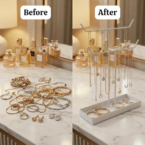 Image of ecofynd 2-Tier Metal Jewelry Organizer Stand with 2 Hangers, 16-Inch Holder for Earrings, Necklaces, Bracelets & Rings, Space-Saving Display for Vanity, Dressing Table & Home (White, JS010)