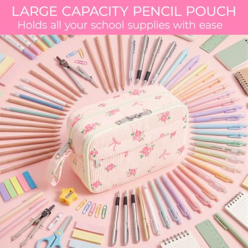 Image of WOBAGMEN Cute Pencil Case,Large Corduroy Zippered Pencil Case Pouch, aesthetic Pencil Bag with Compartments(Pink Bow Floral)