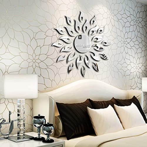 Image of Bikri Kendra - Sun Golden Decorative Mirror Stickers for Wall, Wall Mirror Stickers, 3D Acrylic Stickers Wall Stickers for Hall Room, Bed Room, Kitchen Living Room Kids Room. (Silver)