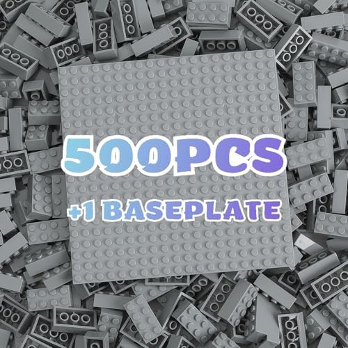 HUIZDQ 500 Stücke 2X4 Classic Bausteine Set, Klassische stapelbare Grundplatten, Geeignet für Jungen und Mädchen ab 6 Jahren, Kompatibel mit Allen Wichtigen Marken, Light Grey