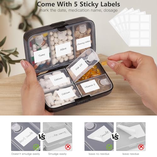 Image of FYY Weekly Pill Organizer with Labels,8 Compartments Travel Daily Pill Case Airtight Moistureproof Large Pill Box to Hold Vitamins, Fish Oil, Supplements,Cotton Swab and Bandages-Black
