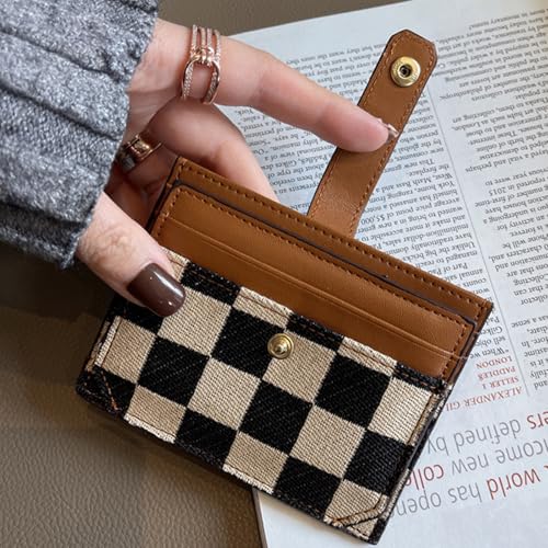 Women's Color Block Plaid Pattern Short Wallet, Snap Button Checkered Bifold Small Card Wallet, Checkered Credit Card Holder (Brown)4