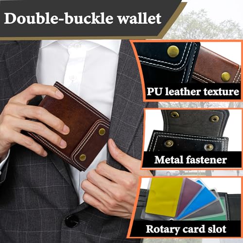 Mens Wallet, Vintage Double-Button Bifold Wallet Card Holder Wallet, PU Leather Foldable Purse with 9 Card Slots and 2 Cash Slots (A, Brown)3