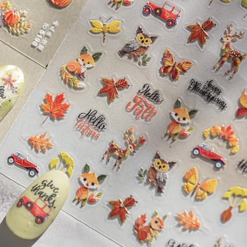 Image of Fall Leaf Nail Art Stickers Fox Deer Nail Decals for Nails Art Autumn Leaf with Design 5D Embossed Self Adhesive Nails Stickers for Women Girls Kid Manicure DIY Decoration