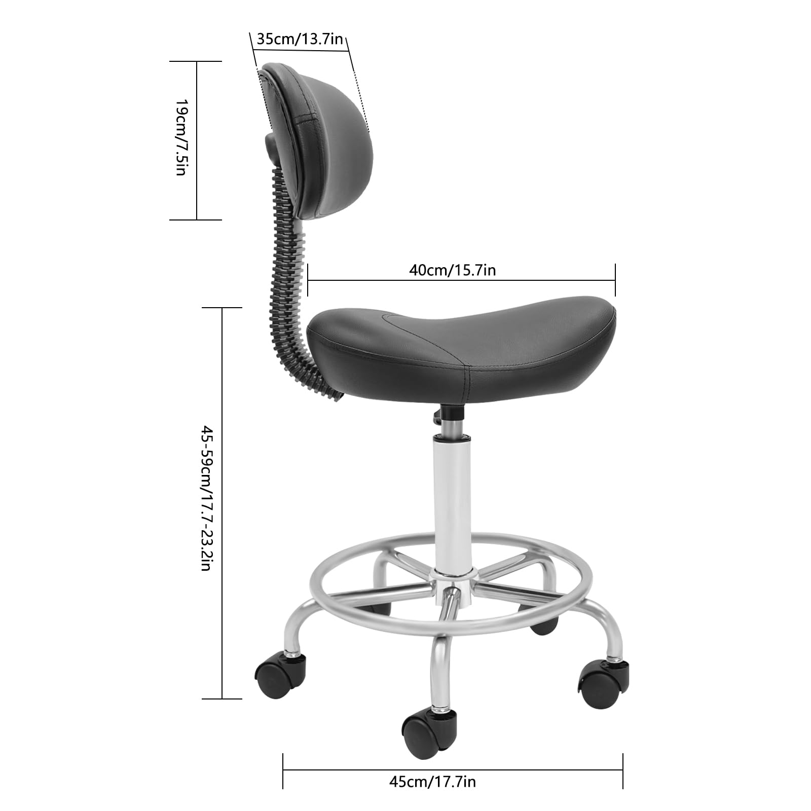 Sgabello a sella regolabile in altezza, con schienale, girevole a 360°, colore nero, design ergonomico, seduta comoda in poliuretano, per casa, salone, officina, 150 kg, portata 45-59 cm