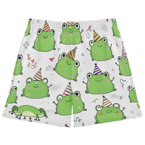 Girls Athletic Lounge Shorts Green Cute Frogs Party Print Comfy Summer Pajama Sleepwear for Kids Teens, X-Small