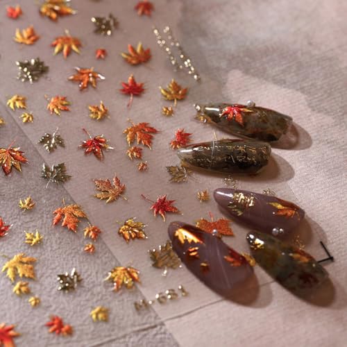 Maple Leaf Nail Art Stickers Fall Nail Stickers 5D Embossed Nail...