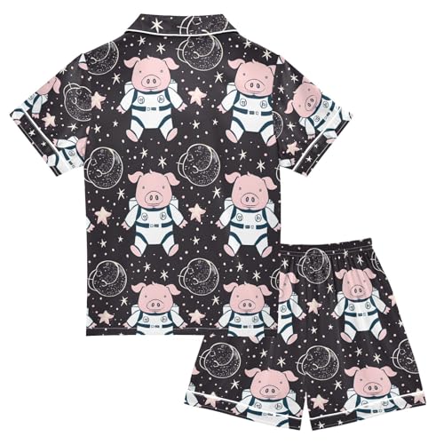 ALAZA Cartoon Astronaut Space Pig Pajamas Satin Pajama Set Short Sleeve Button Down Sleepwear2