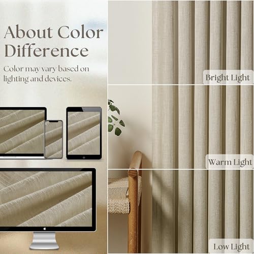 Image of Khaki Beige Linen Curtains 45 Inch Length 2 Panel Set for Small Windows Rustic Country Linen Cotton Light Filtering Drapes Privacy Pinch Pleated Back Tab Semi Sheer Kitchen Curtains 45 Inches Long