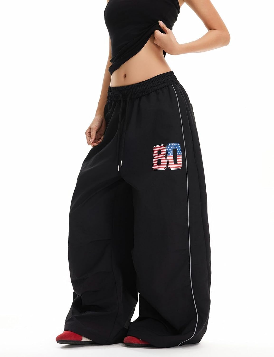 Women’s Parachute Pants Y2K Wide Leg Baggy Track Sweatpants with USA Flag 80 Print Streetwear