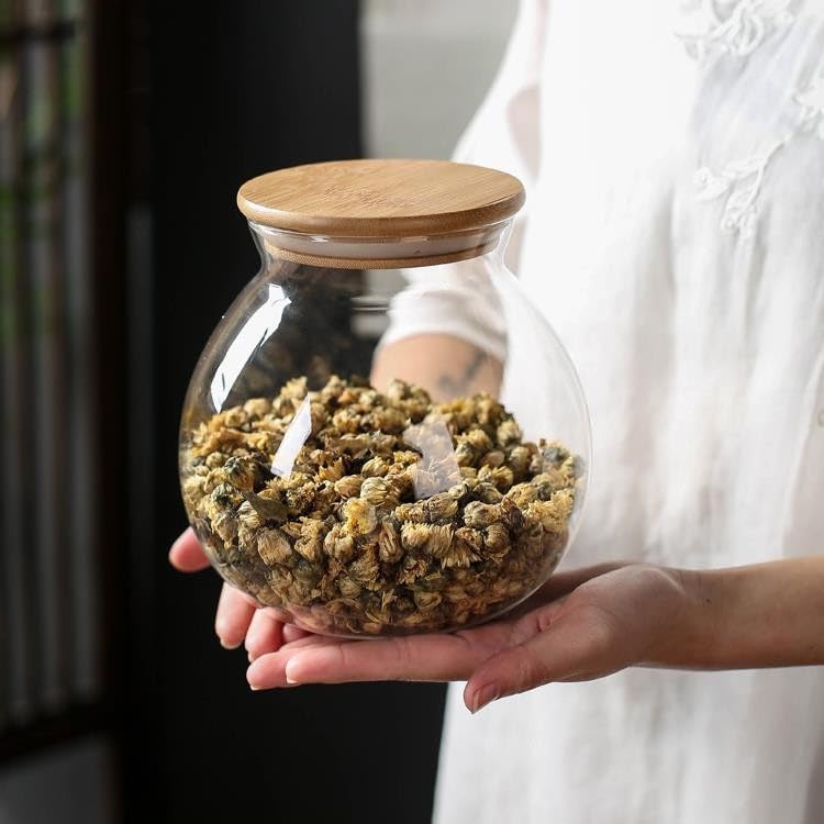 Miniatura 6 de DNIENKGE Tarro esférico sellado de vidrio  Tapa de madera de bambú  Tarro de caramelo de caramelo de caramelo de cocina  Se utiliza para preservar y
