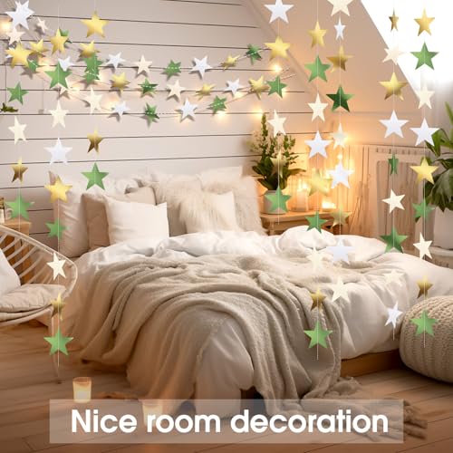 Image of Patelai Glitter Star Garland Banner 2026 Party Decor 130 Feet Star Hanging Streamers Twinkle Backdrop for Classroom Birthday Graduation Wedding Supplies(Sage Green, Gold, White)