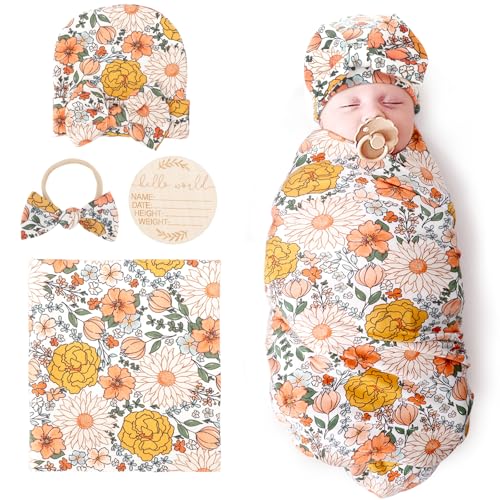 DRESHOW BQUBO Baby Girl Newborn Receiving Blanket with Bow Hat Headband Wooden Birth Announcement Card Set Baby Floral Print Nursery Swaddle Wrap