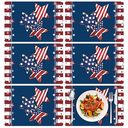 Tarklanda 4th of July Placemats Set of 6 Patriotic Red White Blue Flag Stars Placemats 11 x 15.7 Inch Memorial Day Vinyl Table Mats for Kitchen Dining Independence Day Holiday Party Decor