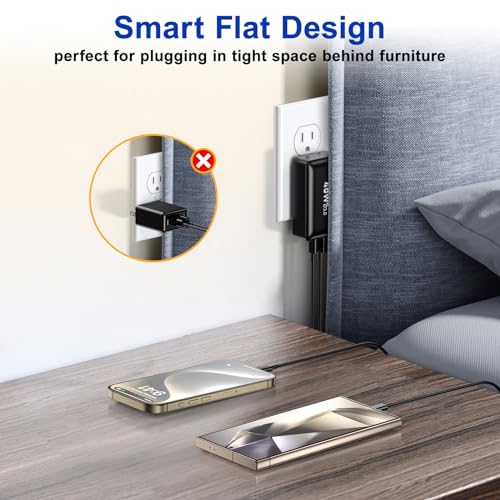 Image of USB C Charger Block, Excgood 40W Flat 4Port USB Wall Plug Dual PD QC Fast Charging Travel Power Adapter Multiport Compatible with iPhone 16 15 iPad Pro Galaxy S24 Ultra, with 6ft USB C to C Cable