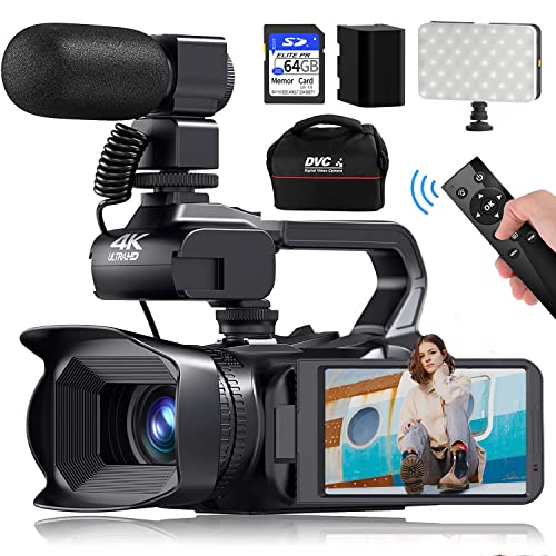 VETEK Camcorders Video Camera 4K, Video Camera Auto Focus Vlogging Camera for YouTube 64MP 60FPS 4 Inch Touch Screen 18X Digital Zoom with WiFi, 64G SD Card, Fill Light, Remote Control, Battery