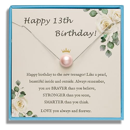 Sereney 13 Year Old Girl Gift Ideas S925 Sterling Silver Pink Pearl Necklace as 13th Birthday Gifts for Girls, Adjustable Length Necklace for 13 Yr Old Girl Gift Trendy Happy 13th Birthday