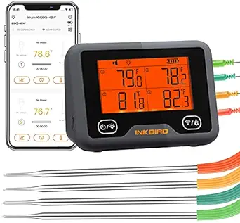 Inkbird Wi-Fi&Bluetooth Grill Thermometer IBBQ-4BW, Wireless Meat Thermometer with 4 Probes, Timer, High/Low Temp Alarm, WiFi Meat Grill Thermometer for Smoker, Oven, Kitchen, Drum, Android&iOS
