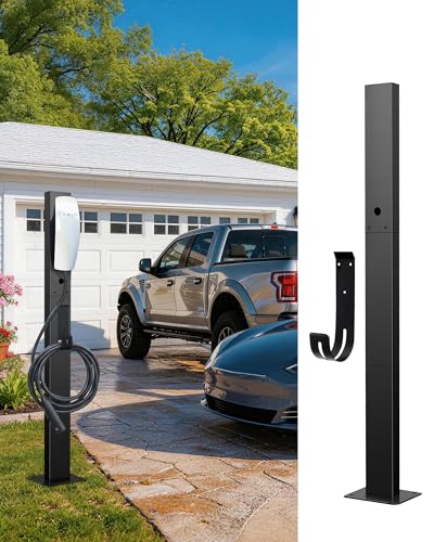 Image of Outdoor EV Charger Pedestal for Tesla & J1772 Charger with Hook | Heavy-Duty Rugged Stand, Anti-wobble Stable Base, Anti-Rust Finish, Handy Organizer Keeps Cable Tidy, Universal Compatibility