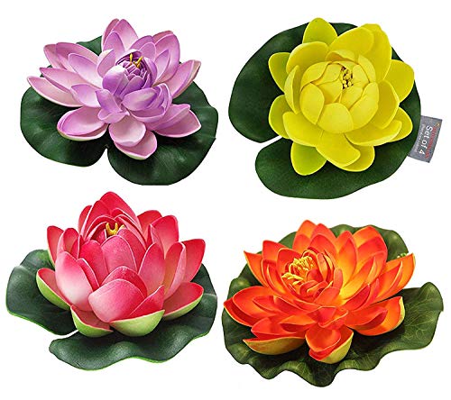TIED RIBBONS Set of 4 Artificial Floating Lotus Flowers with Rubber Leaf - (Multicolor) Artificial Flowers for Water Decoration Urli Aquarium Fountain Home Decor Office Pooja Room Wedding Birthday