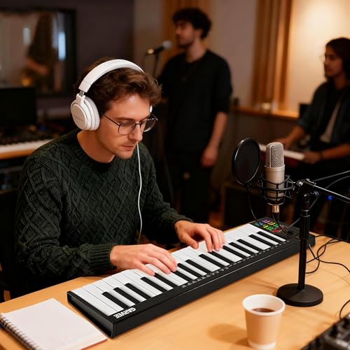 Image of 37 Key MIDI Keyboard, USB Controller with 8 Drum Pads OLED Screen DAW Compatible for Home Studio Music Making, Black