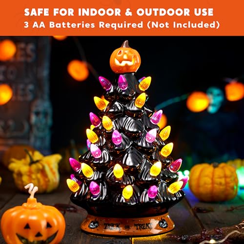 JOYIN 8.5 Inch Halloween Ceramic Tree Black Christmas Tree with Orange Pumpkin Over Multicolor Bulbs LED Light Up Battery Operated Light Up Halloween Decorations for Indoor Party Decor Gifts by JOYIN - Used condition - Image 3
