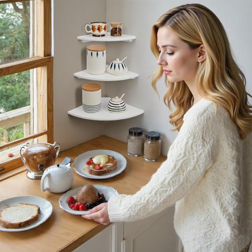 White Corner Shelf, Wall Mount Natural Oak Wood Floating Corner Wall Shelf Round End Small Corner Nightstand Plant Shelf for Bedroom, Kitchen, Living Room 10inch