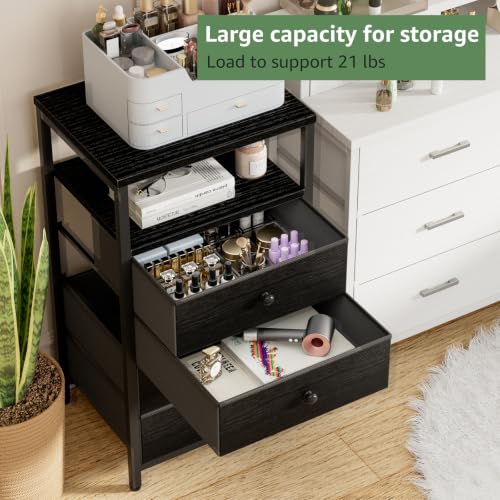 Image of BOLUO Tall Night Stand with Drawers, Black Nightstand with Charging Station and LED Light, Small White 4 Drawer Dresser for Bedroom, Room Storage Closet
