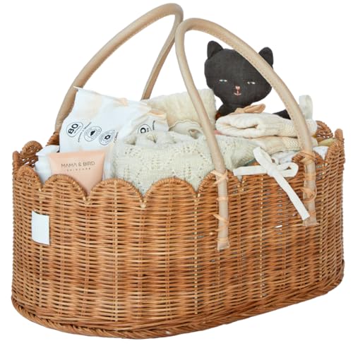 Image of BEBE BASK Premium Baby Diaper Caddy Organizer - Handmade & Award-Winning Scalloped Rattan Basket - Luxury Diaper Caddy Basket - Elegant Scalloped Edge (Mocca)