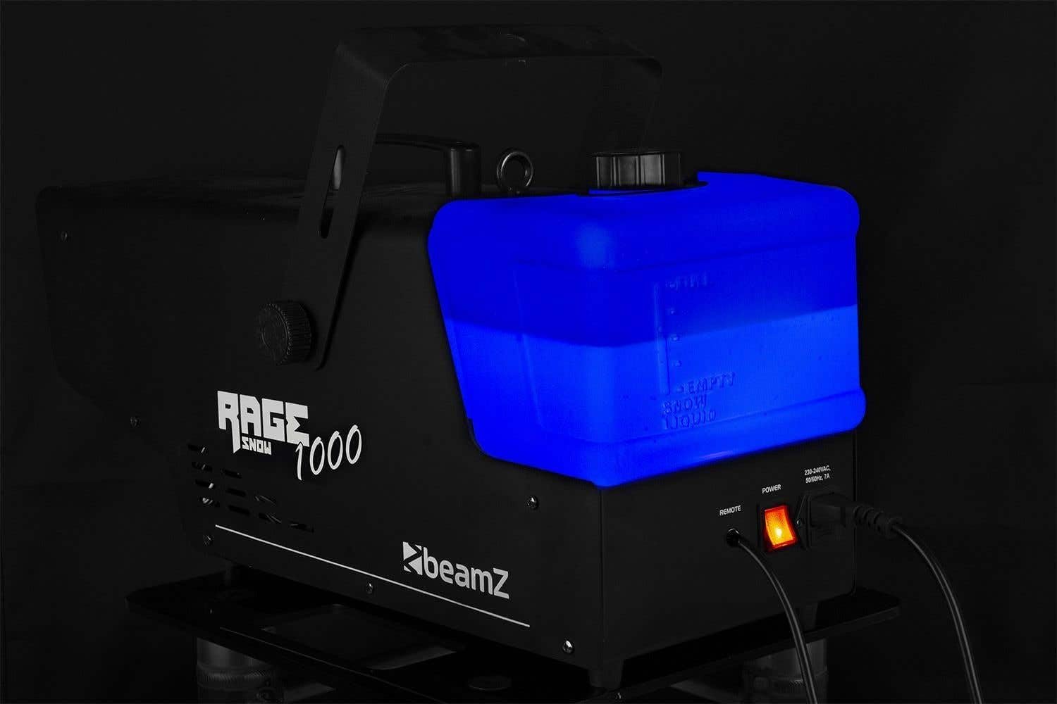 BeamZ RAGE1000SNOW Máquina de Nieve 1000W - Incluye 5L Líquido, Mando Inalámbrico + con Cable, Boquilla Estrella, Tanque Iluminado LED, Efecto Invernal para Eventos, Fiestas o Après-ski