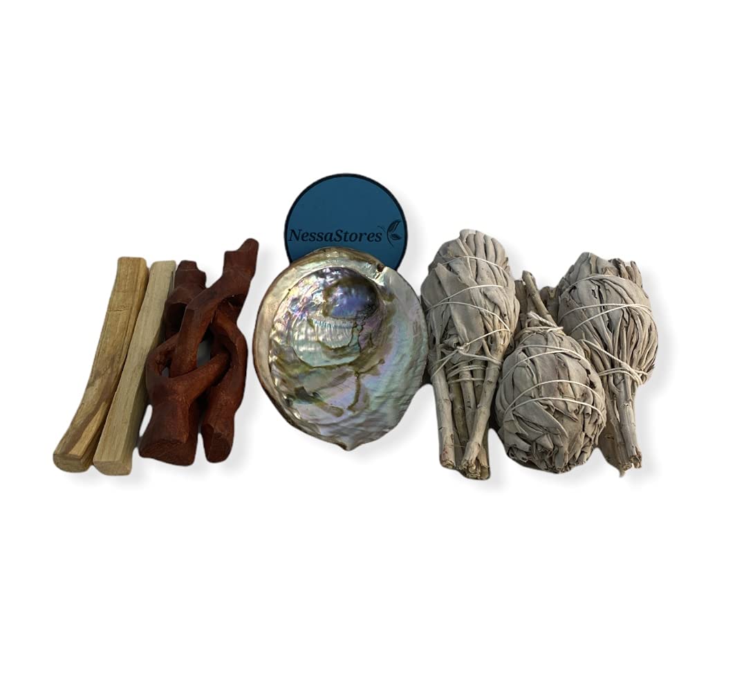 NessaStores Kit de 7 pièces de sauge avec palo Santo, sauge blanche, coquille d'ormeau et trépied en bois pour le nettoyage de la maison, le soulagement du stress et la méditation JC-210