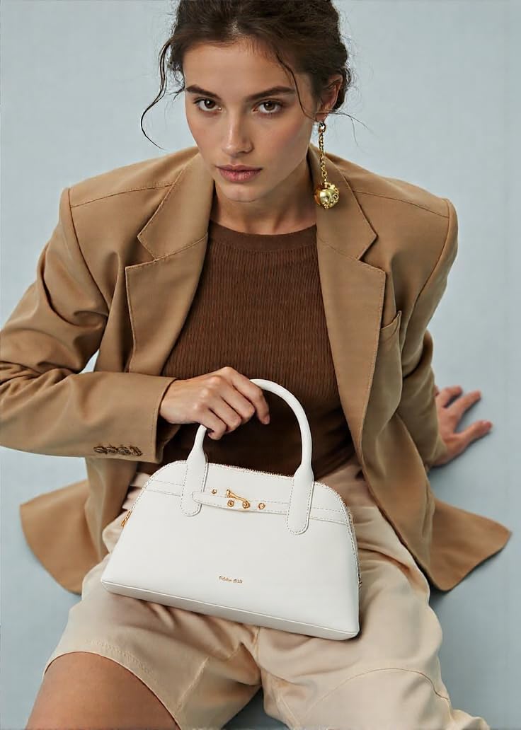 Milan Chiva Dome Satchel Purse for Women Textured Top Handle Designer Crossbody Bag with Belted Detailing - Image 2