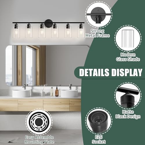 Image of 6 Lights Bathroom Vanity Light Fixtures Matte Black,Rustic Farmhouse Vanity Lighting Over Mirror Modern Industrial Lamp with Cylinder Glass Shade UL Certified