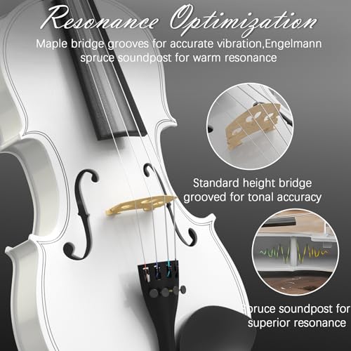 Image of 4 /4 Full Size Beginner Violin, Acoustic Fiddle Set for Adults, Teens, and Students (Age 12+), with Case, Bow, Bridge, and Rosin (White)