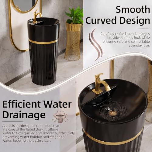 Image of BASSINO 17x17x33 Inches Ceramic Pedestal Wash Basin /7 Years Warranty /One Piece Free Standing Basin For Bathroom /Living Room /Salons /Round Modern Sink /Floor Mounted Washbasin(Glossy Black & Gold)