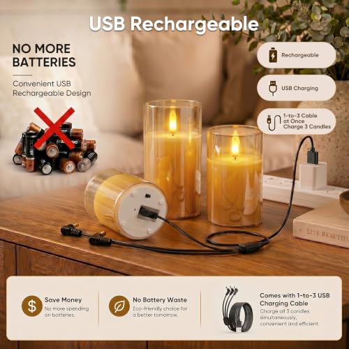 Image of Homemory Rechargeable Amber Glass Flameless Candles with Remote Timer, 3 Pack