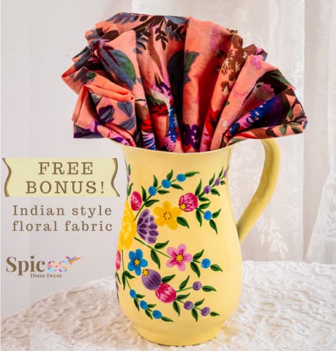 Hand Painted Stainless Steel Water Pitcher - Large Metal Water Jug, For Cold Drinks, Floral Design Beverage Carafe For Entertaining & Home Decor. 8” Height, 1 Quart Decorative Vase. (Cream) #TOP3